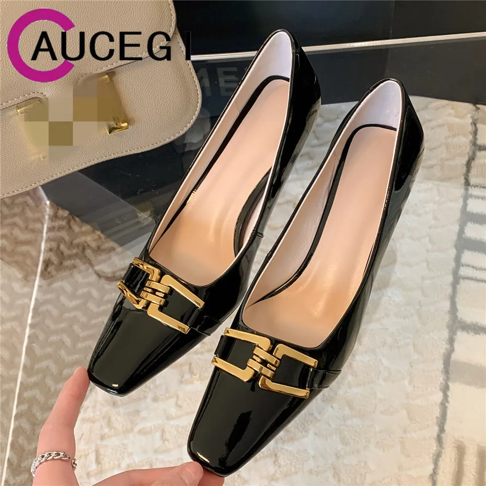 

Aucegi Designer Luxury Square Toe High Heel Women Patent Leather Pumps Metal Decorations Party Dress Wild Shoes Size 34-41
