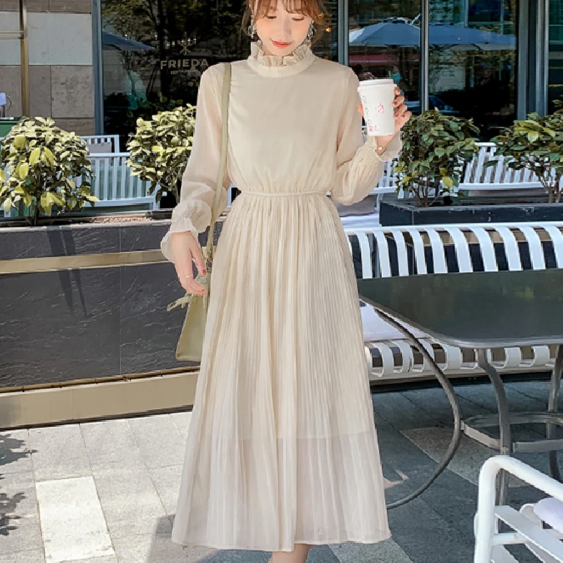 

Женское длинное Повседневное платье, черное, кремово-белое платье с длинным рукавом, весна-осень 2021