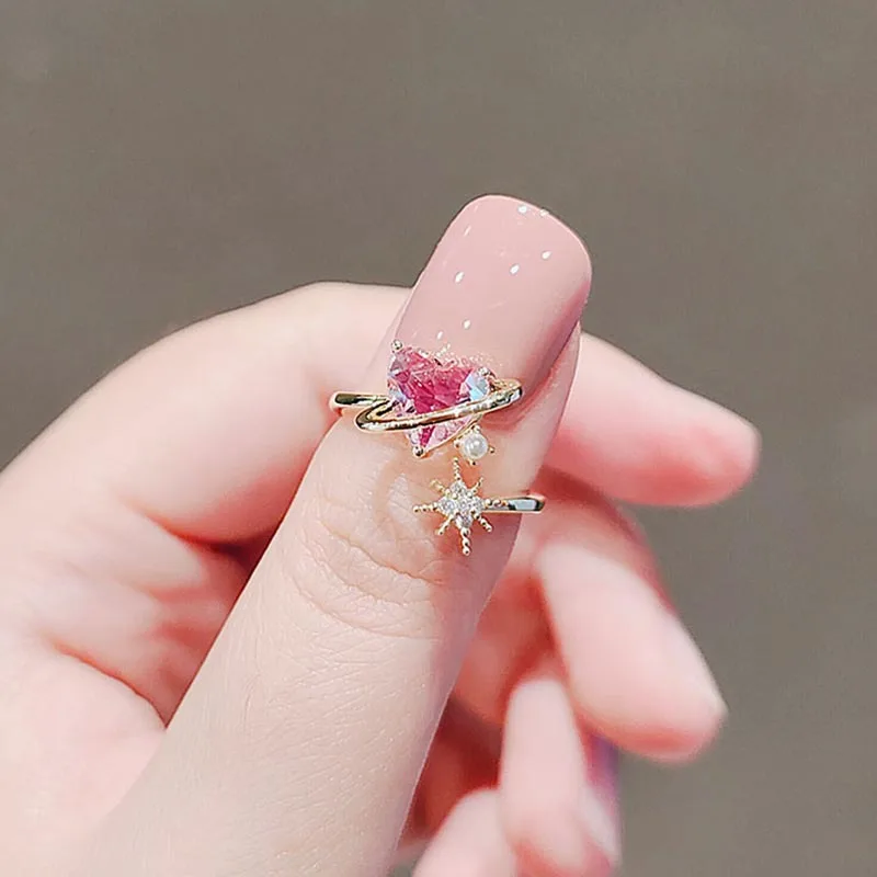 

Japanese Cute Love Pink Zircon Ring Female Senior Sense Elegant Light Luxury Niche Sweet Girl Open Index Finger Ring Couple Gift