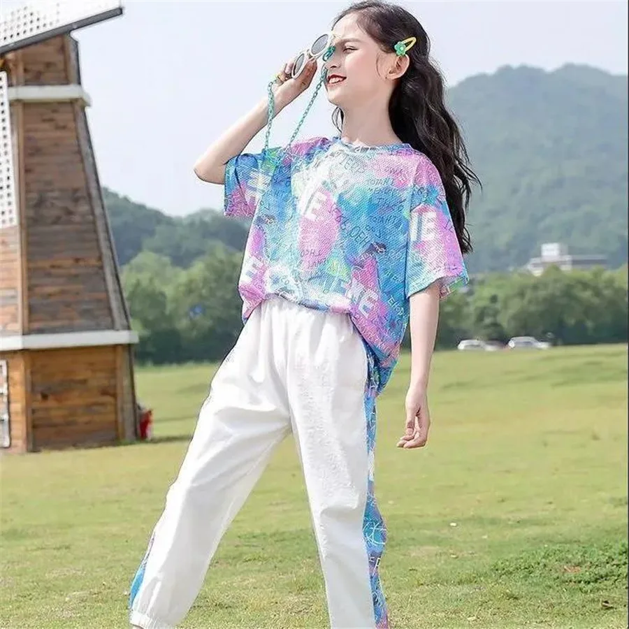 

Детский летний костюм для девочек, футболка с коротким рукавом + штаны, детская одежда, 2 шт., детская повседневная одежда для девочек, комплекты одежды