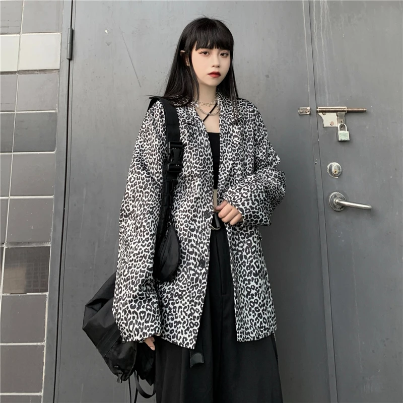

Leopard Women's coat Vintage Fashion Korean Loose Single Breasted Casual jacket Long Sleeve Office Coat Female Overcoat Tops