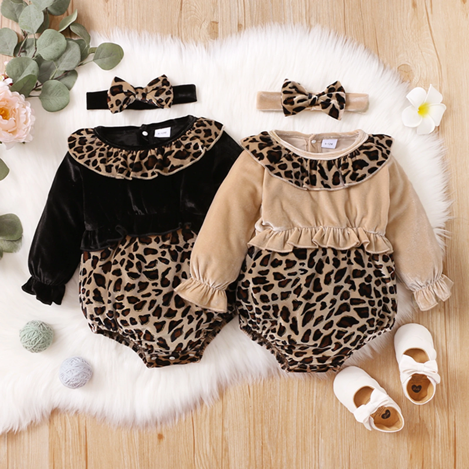 

Newborn Baby Girl Romper Overalls Long Sleeve Ruffle Round Neck Elastic Cuff Leopard Print Romper with Headband
