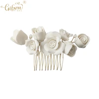 fancy wedding headpiece rose ceramic flower bridal hair comb accessories hair pins with freshwater pearls