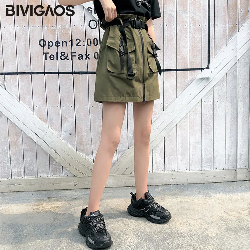 

BIVIGAOS New INS Trend Cargo Skirt Women Summer High Waist Korean Belt Pocket A-line Skirts Black Japanese Hip Hop Gothic Skirts