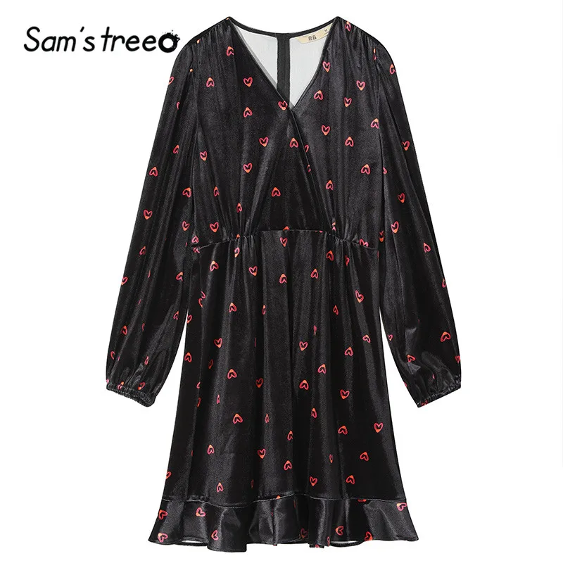 SAM'S TREE/черные однотонные бархатные женские платья с принтом Love, зимнее повседневное офисное Повседневное платье с длинным рукавом-фонариком для девушек
