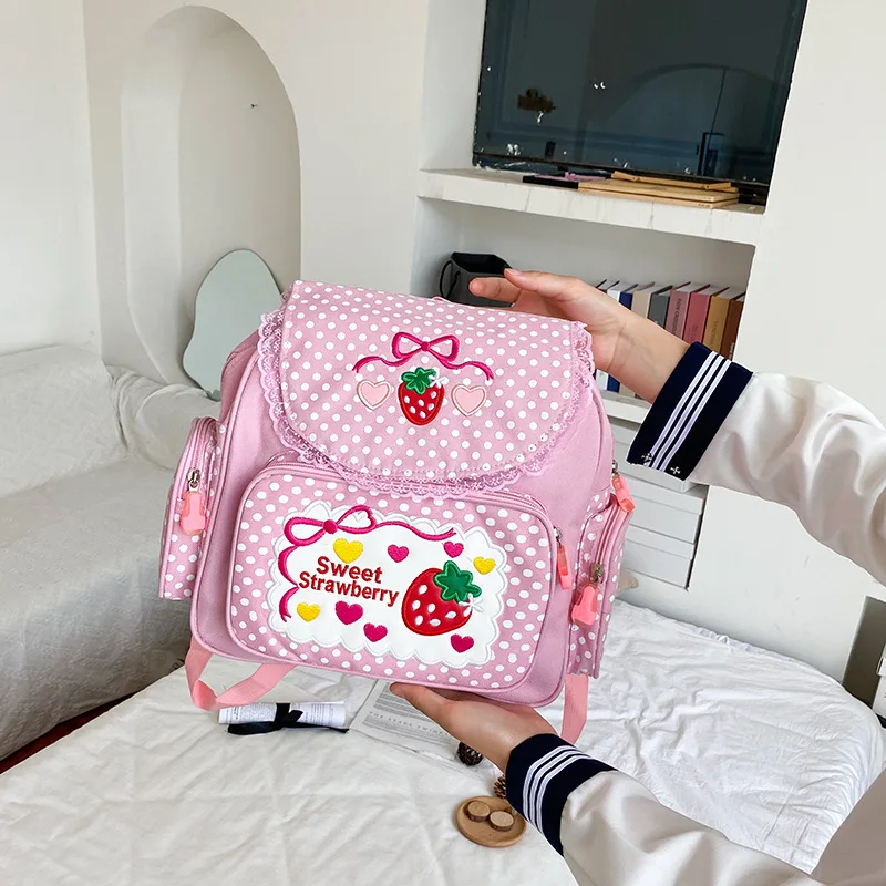 

Pink Girl Embroidery Strawberry Children's Schoolbag Student Girls Birthday Gift 2020 New Japanese Cartoon Children Backpack