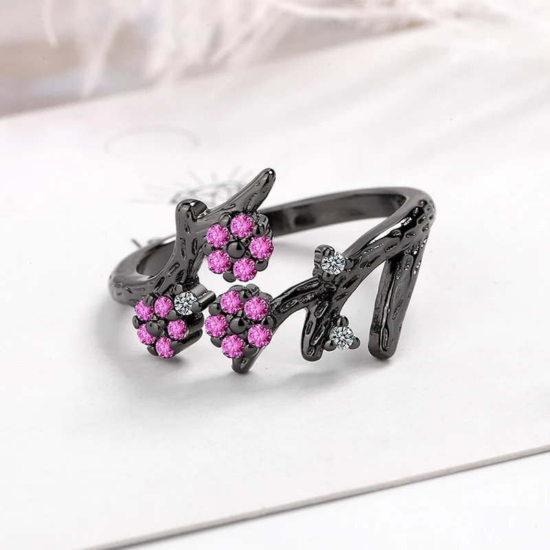 

Vintage Plum Blossom Open Rings For Women Pink Zirconia Black Branch Geometric lyrical Wedding Ring Jewelry Party Accessory Gift