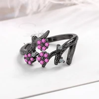 vintage plum blossom open rings for women pink zirconia black branch geometric lyrical wedding ring jewelry party accessory gift