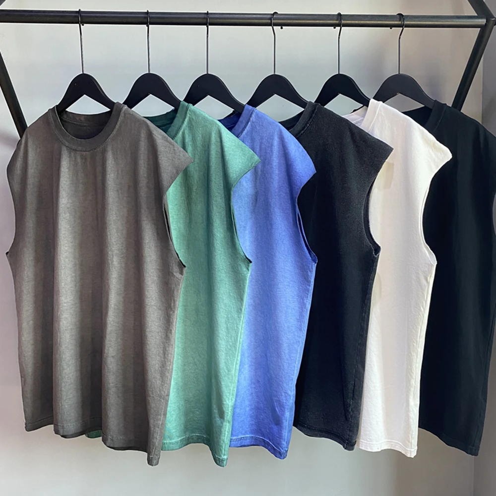 Tie-Dye Inside-Out Cotton Sleeveless Tee Men Garment Washed Tank Tops Hip Hop Streetwear Five Colors