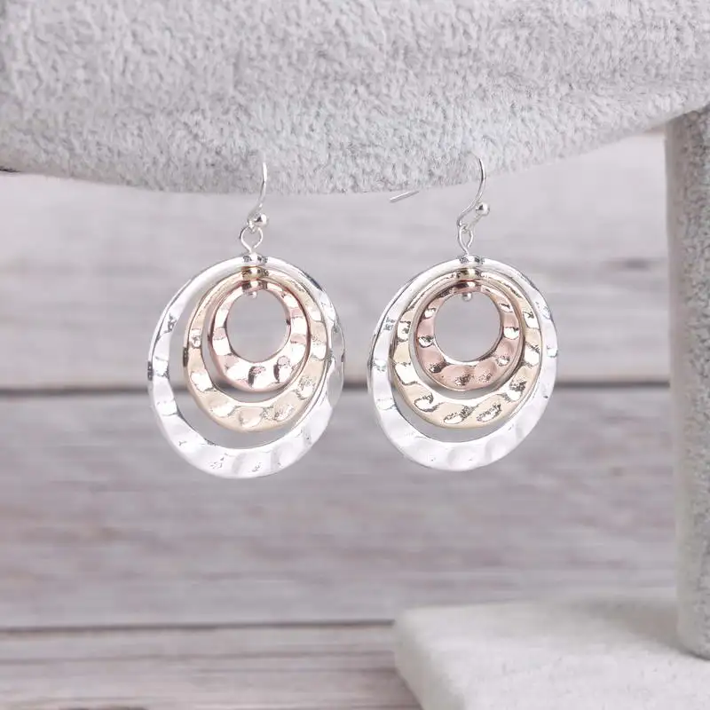 

Triple Circle Drop Earrings Gold Color Hammered Metal Round Earrings for Women Winter Jewelry New Arrival 2020 Wholesale E7786