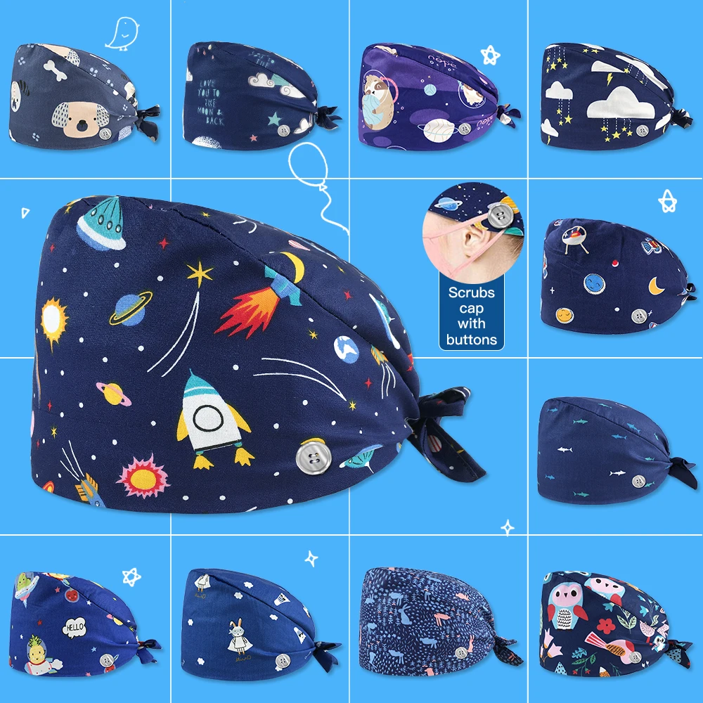 

Scrubs caps with buttons cartoon print lab hat High Quality adjustable Scrubs caps beauty salon work caps Tieback Cotton Summer