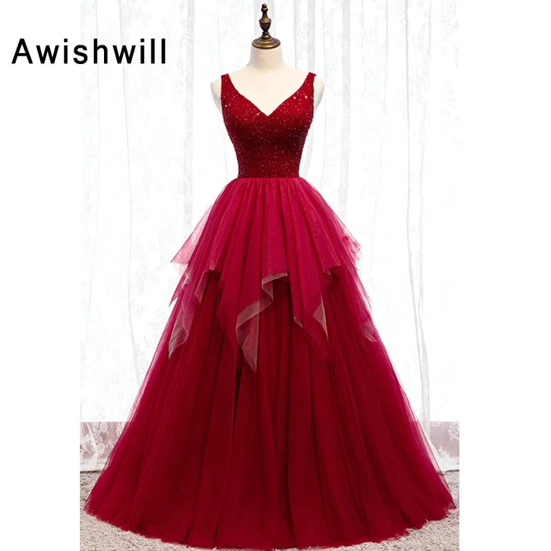 

Новое модное бордовое длинное вечернее платье 2020 Robe de Soiree с кристаллами и бисером из тюля со шнуровкой на спине без рукавов женское торжеств...