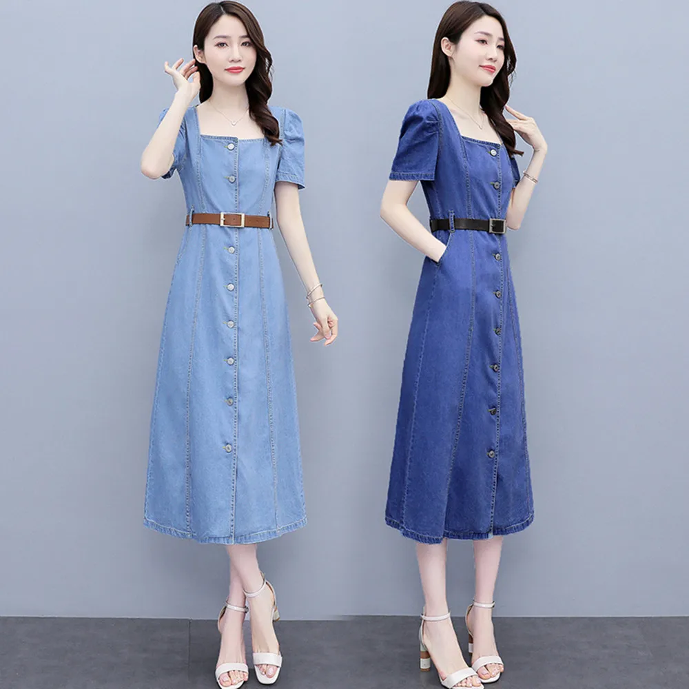 

New Women Dress Casual Square Collar Single Button Solid Collect Waist Belt Slim MD-Long Style Jeans For Females Denim One-Piece