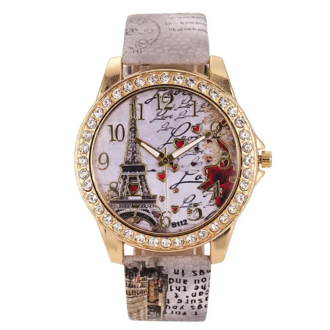 Women Rhinestones Tower Pattern Dial Quartz Wrist Watch Print Band Watches Clock Wristwatch Girls Ladies Students Relojes | Наручные часы
