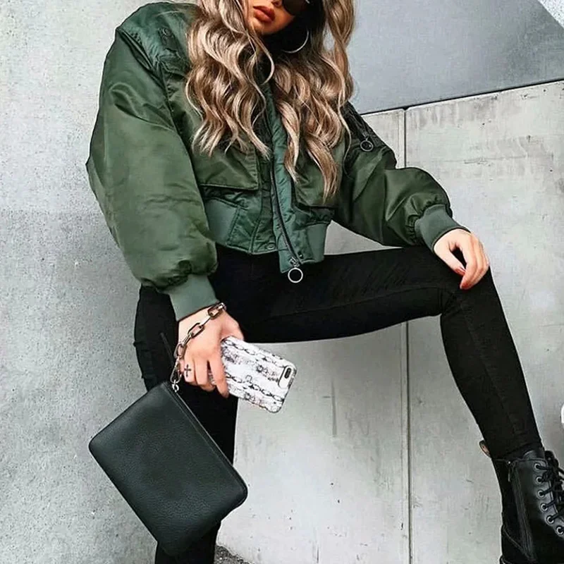 

2021 Stylish Lady Autumn Winter Green Short Jackets Women Fashion Long Sleeve Zipper Bomber Jacket Outwear Women's Casual Coat