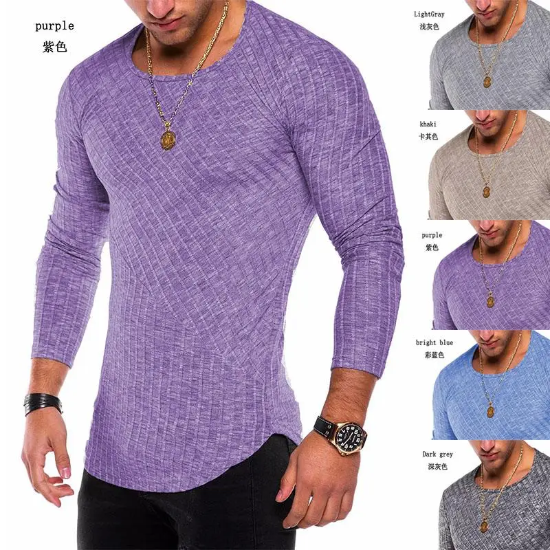 

2021 Men's Long Sleeve T-Shirt Supply Foreign Trade New Solid Color Stitching Base Shirt Pure Color Sport Top O Neck Autumn