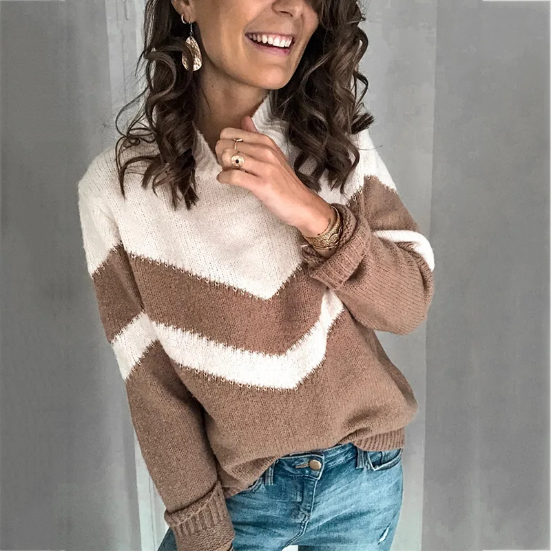Женский свитер с V-образным вырезом вязаный джемпер в полоску зимний одежда