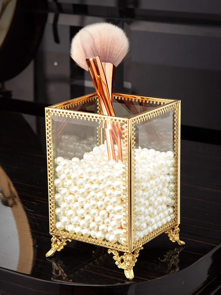 

Cosmetic Brush Storage Bucket Transparent Glass Make Up Organizer Dustproof Lipstick Holder Desktop Jewelry Storage Box