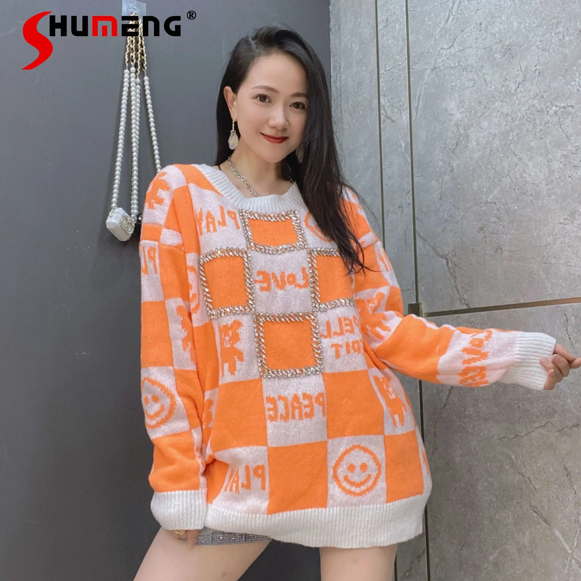 

2021 Winter Rhinestone Pullover Long Sleeve Mid-length Orange Sweater Thick Loose Pull Over Size Femme plaid Knitted Sweaters