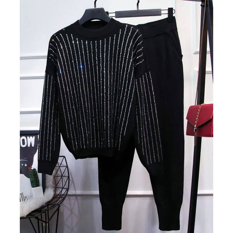 HIGH STREET New Stylish 2019 Fall Winter Runway Suit Set Women's Strass Diamonds Beaded Sweater Knitting Pants |