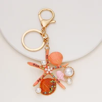 ocean series creative gifts starfish shell keychain scallop imitation pearls ornaments car bag pendant accessries alloy keyring