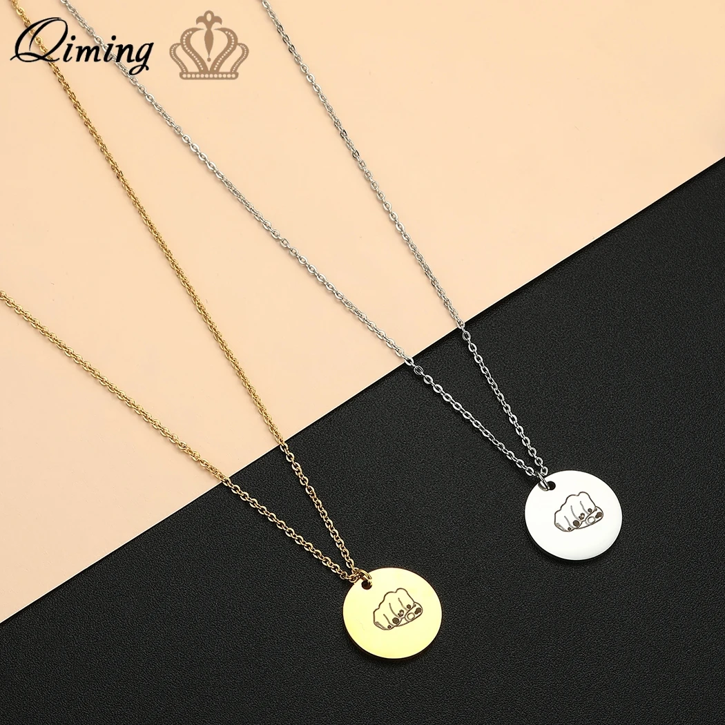 Disc Pendant Hand Gesture Power Men Necklace Hip Hop Stainless Steel Jewelry Trend Necklace Male Birthday Collar