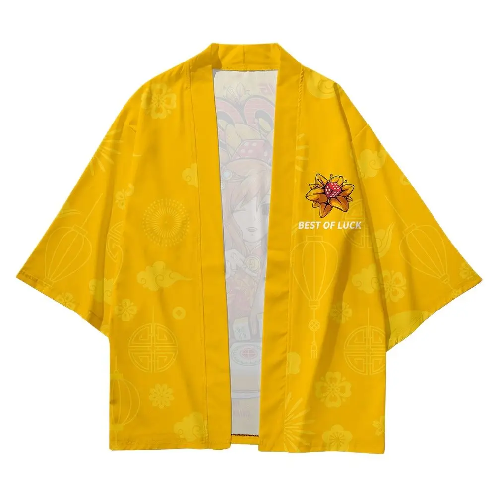 Мужской костюм Самурая Одежда Желтая Печать Кимоно Куртка и Брюки Рубашка Японский Кардиган Хаори Юката.