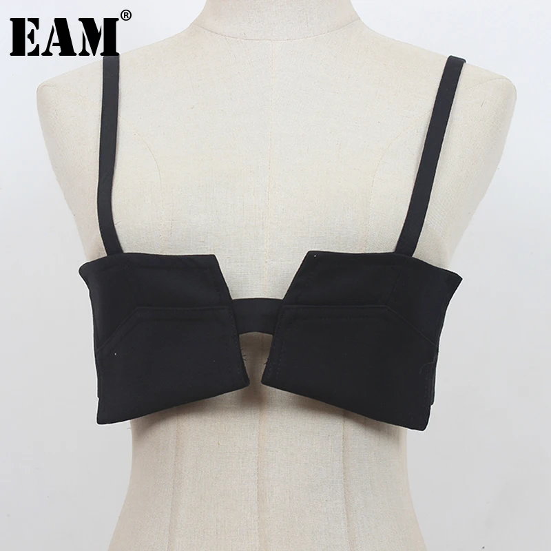 

[EAM] Women Loose Fit Black Shaped Pocket White Short Vest New V-collar Sleeveless Fashion Tide Spring Summer 2022 1DE0965