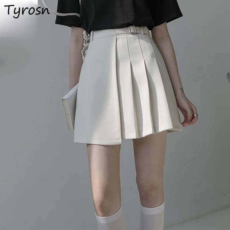 

Women Mini Skirts Empire Waist Solid Pleated Teens Japan Style Lovely Sweet All-match Ulzzang Asymmetrical Designed Irregular