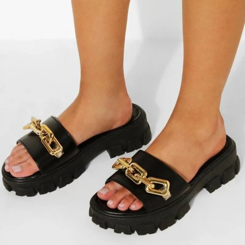 

2022 Summer New Women's Sandals Thick-soled Open-toe Sandals Women's Fashion Metal Chain Decoration Large Size43 Slippers