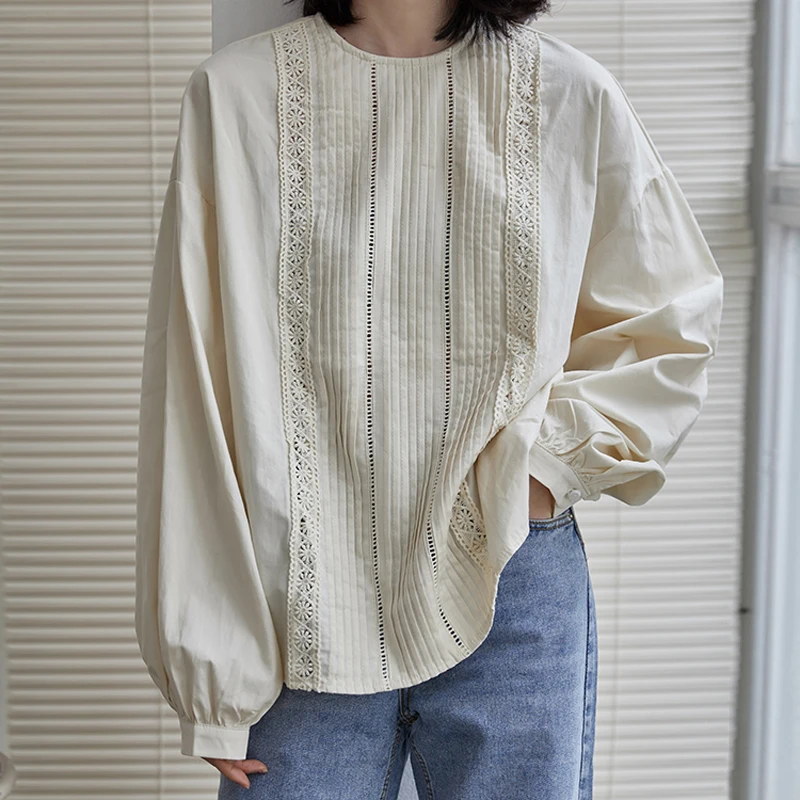 

Elegant Apricot Lace Blouse Shirt Vintage Organ Long Lantern Sleeve Female Blouses Women Spring Shirt Tops