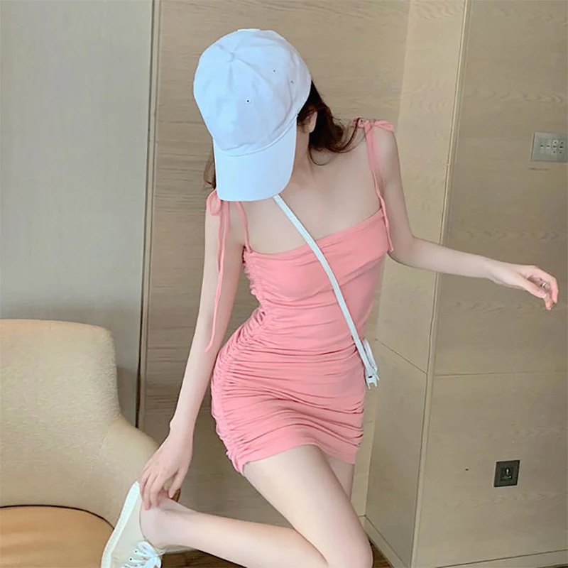 

Summer Chic Spaghetti Strap Sexy Mini Dress Solid Color Slim Purple Pink Dresses For Women Party New Casual Bag Hip Woman Dress