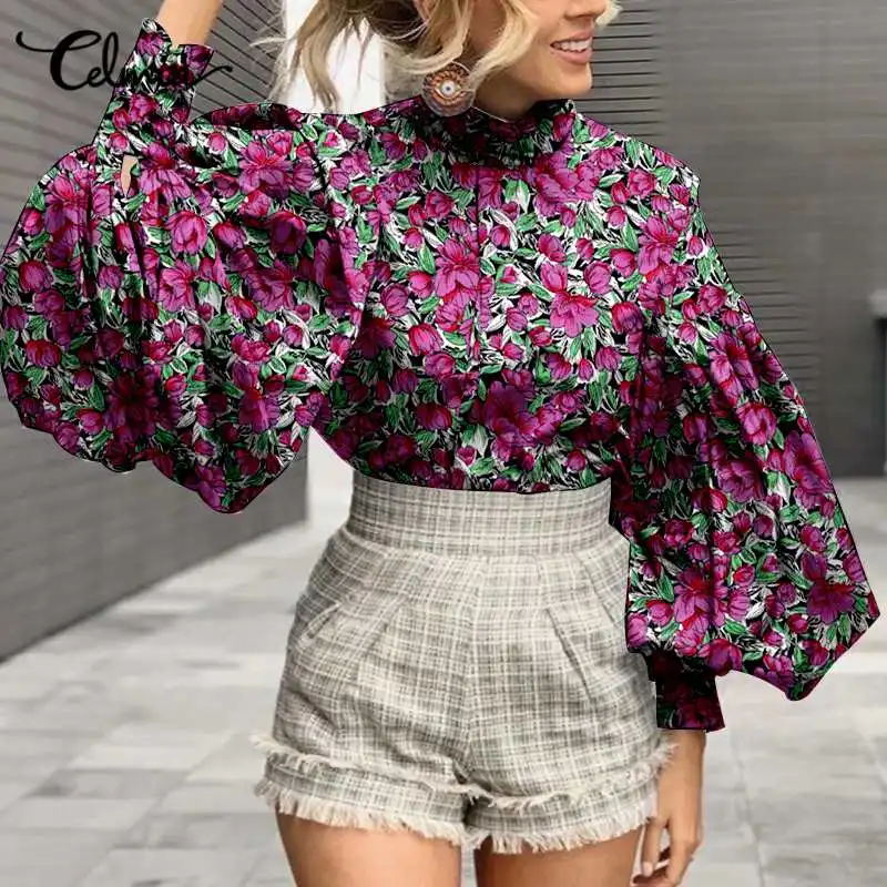 

Women Floral Printed Blouses Celmia 2022 Elegant Lantern Sleeve Stand Collar Shirts Fashion Casual Office Tops Mujer Streetwear