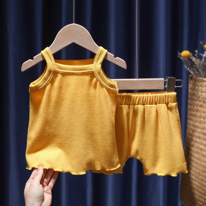 

Summer Sleeveless Vest Shorts Set Solid Color 2pcs Outfits Kids Babys Comfortable Breathable Tops Pants Sleepwear Pajamas