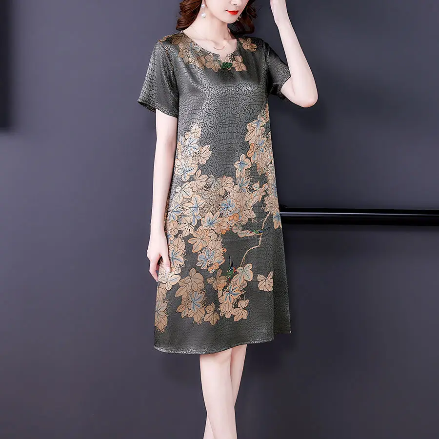 

Lady Temperament Silk Dress Hangzhou 2021 Summer New Mulberry Silk Loose Foreign Style Print Dress