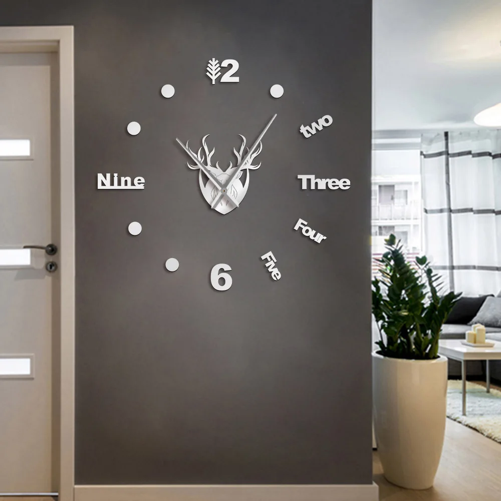 Большие настенные часы с зеркальными наклейками в виде головы оленя и лося | Дом
