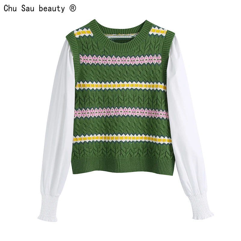 

2022 Spring New Fashion Elegant Vintage Casual Style All-Match O-Neck Long Sleeve Green Stitching Pullover Sweater For Women
