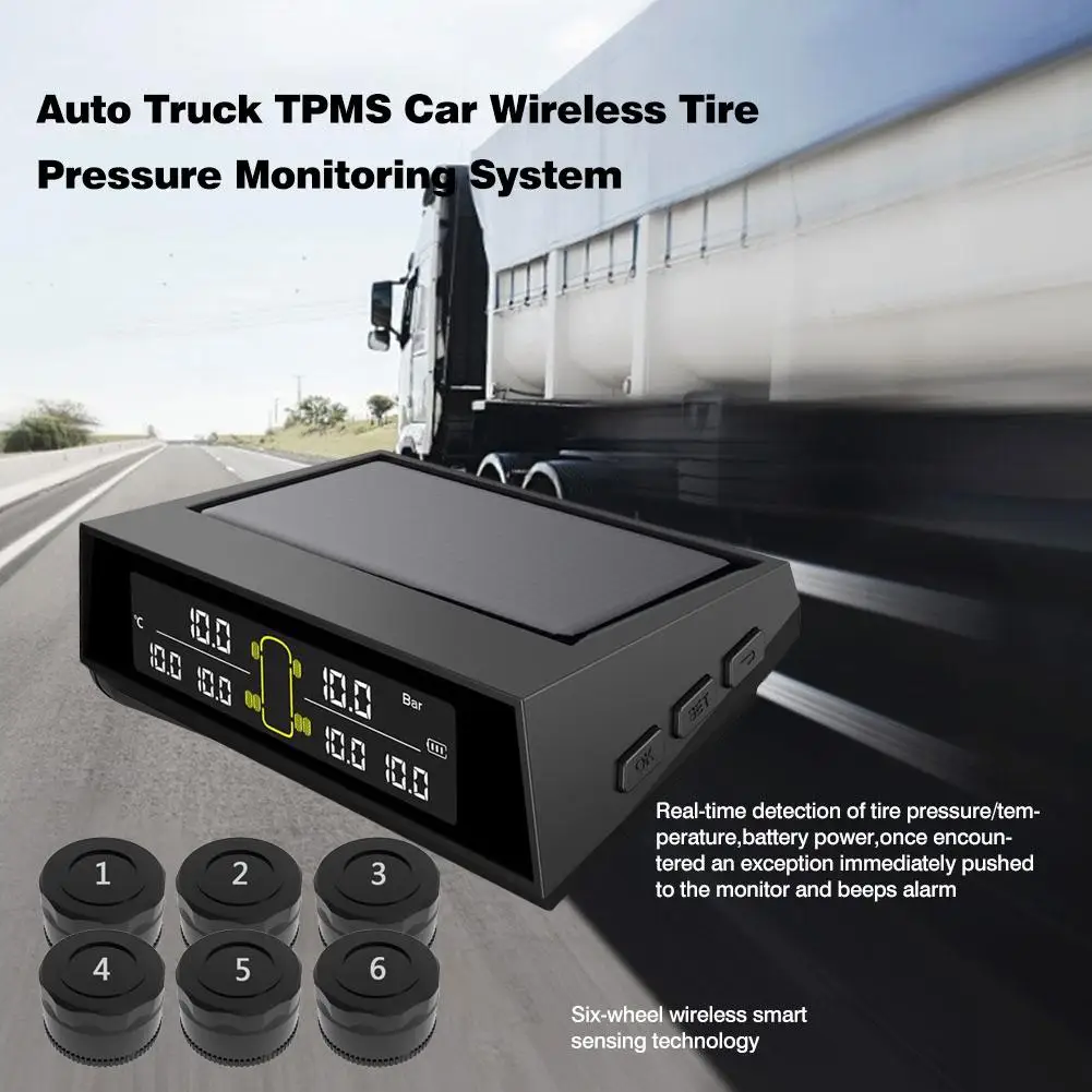 

6-wheel Truck Bus Solar Wireless Tire Pressure Monitoring System TPMS With 6 External Sensors Replaceable Battery LCD Display