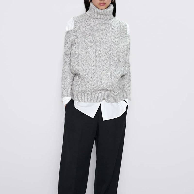 ZA зимние женские серые свитера с открытыми плечами модный тонкий вязаный зимний