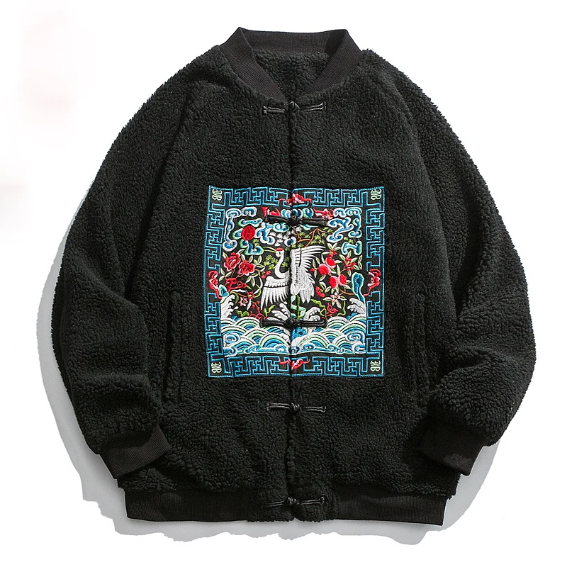 Crane Embroidery Dreamless Chinese Style Men's Winter Thickened Lamb Wool Stand-up Collar Cotton-Padded Coat Couple