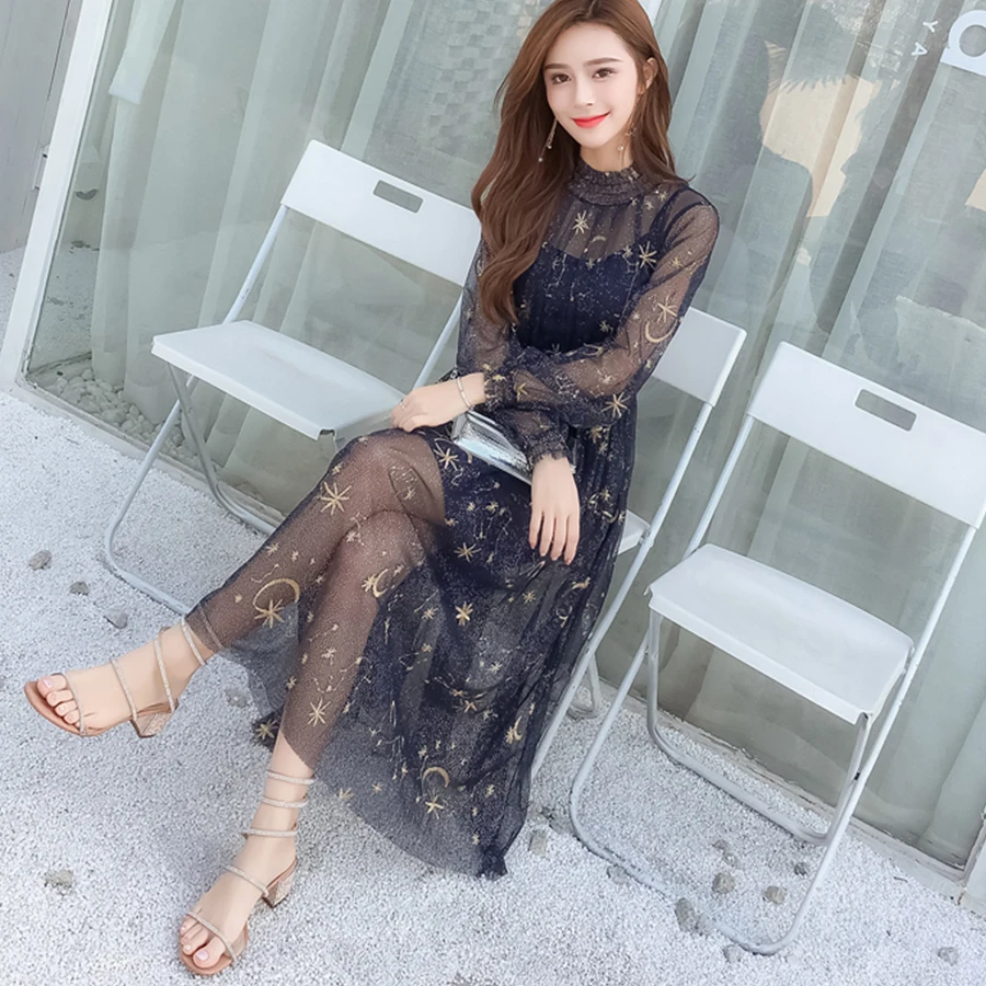 Женское плиссированное платье элегантное Сетчатое с вышивкой в виде звезд