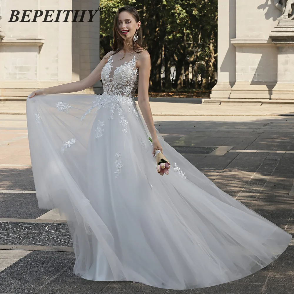 

BEPEITHY Robe De Soirée De Mariage O Neck Ivory Wedding Dress Sweep Train 2021 White Boho Beach Bridal Dresses Vestido Novia New