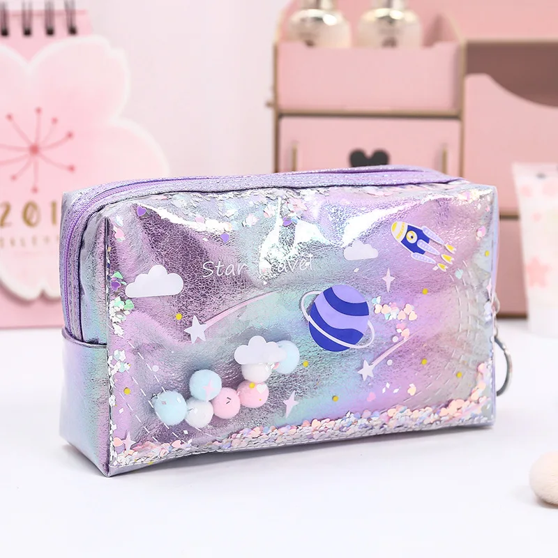 Kawaii Большой Чехол карандаш с изображением планеты лазерная кожа блестящая ручка