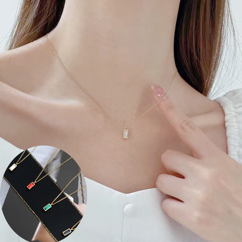 

Европейская простая квадратная зеленая, красная, прозрачная подвеска с кристаллами, цепочка из нержавеющей стали до ключиц, ожерелье для же...