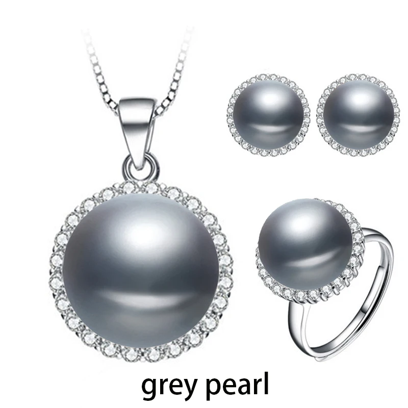 grey pearl set Красивый натуральный настоящий жемчужный набор, роскошные 925 серебряные ювелирные наборы жемчужный кулон серьги кольцо подарок на помолвку - Цвет камня: grey pearl set
