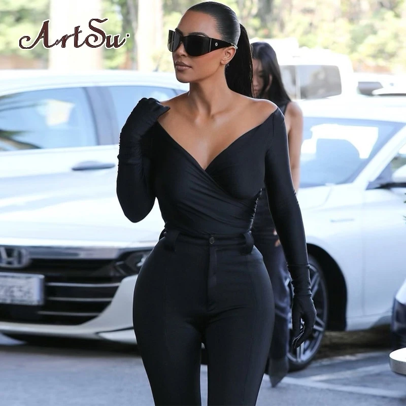 

Женский облегающий боди ArtsuHigh Street, черный облегающий боди с длинным рукавом и глубоким v-образным вырезом, Y2K Hipster Streetwe