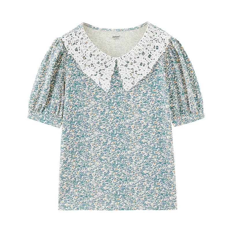 

INMAN Vintage Blouse Elegant Lady Palace Style Summer Lace Trun Down Collar Bubble Sleeve Print Women Tops