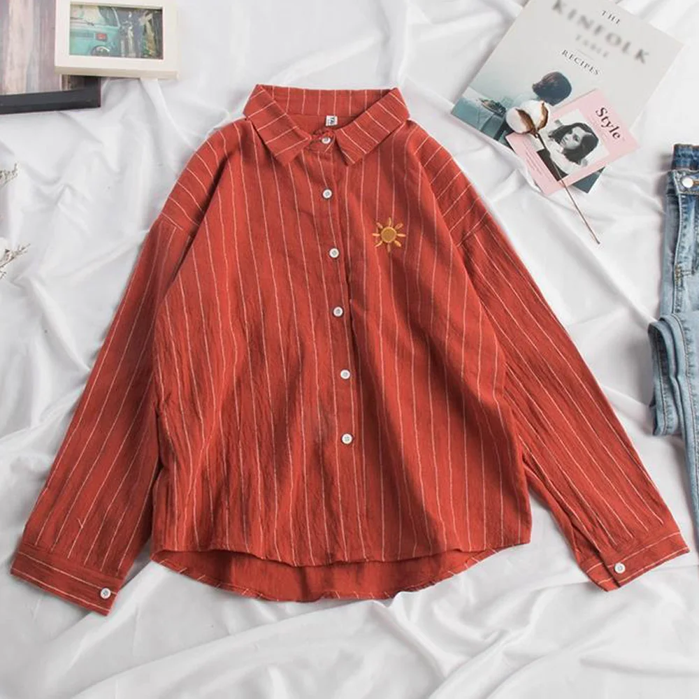 

New Spring Summer Cotton Linen Blouse Women Kawaii Weather Embroidery Ladies Sweet Striped Tops Shirt Korean Loose Blusas Mujer