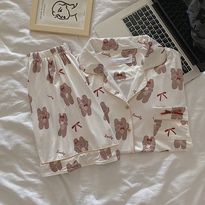 CAIYIER New Women Summer Pajamas Cute Girls Cartoon Bear Print Cotton Nightgown Suit South Korean Sweet Broken Flowers Sleepwear