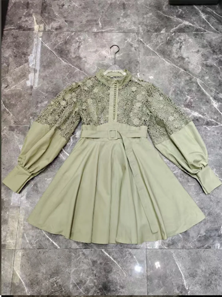 

Spring and summer ladies see-through patchwork lace lantern sleeve ladies dress dress collar collar long sleeve high waist belt